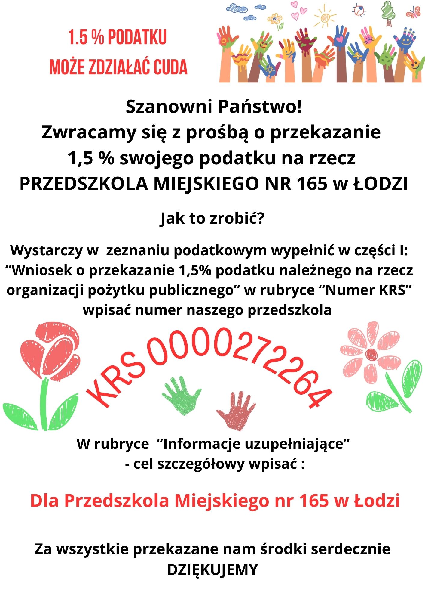 informacje dotyczące 1,5% podatku dla Przedszkola Miejskiego nr 165 w Łodzi 